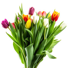 Obraz premium flower Bouquet of fresh multicolor tulips head PNG isolated white background.AI GENERATED