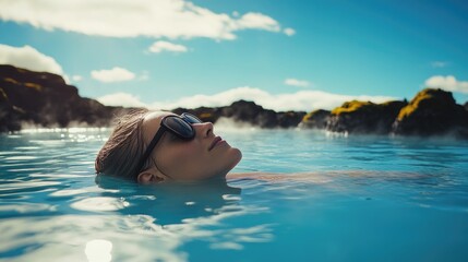 Woman enjoying a swim in clear blue pool water.