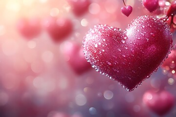 Obraz premium Close up red Heart shapes with rain water drops on pink sponge surface as love romance abstract background 