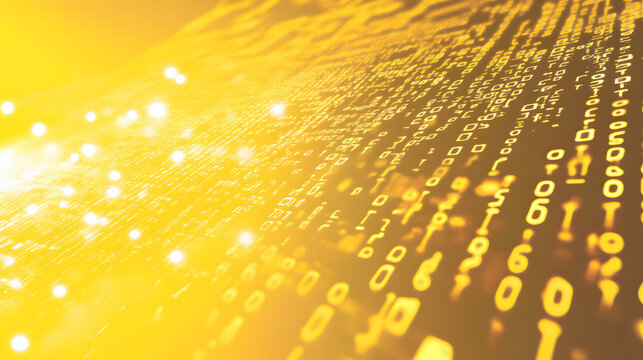 Digital data stream of binary nubers and glass fiber lines, yellow technology background, concept for cyber security and modern information exchange