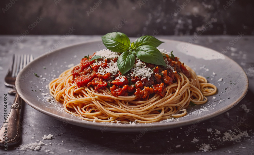 Poster plate of spaghetti with cheese and basil on top. a fork is on the right side of the plate
