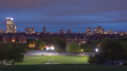Fototapeta premium Night cityscape view with illuminated sports field and trees.