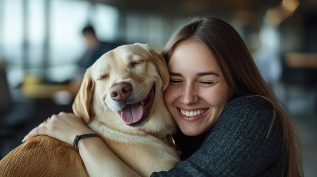 A woman happily hugs her brown dog while they are indoors, possibly in a cafe or at home. The image conveys warmth and companionship between the human and pet.