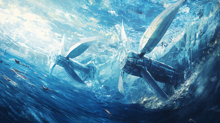 Fototapeta premium A research center exploring the potential of ocean currents as a renewable energy source, developing underwater turbines to harness energy from ocean movements.