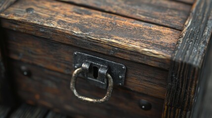 An aged wooden treasure chest with a rusted metal latch.