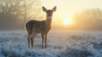 Imagine a young deer standing gracefully in a frost-covered meadow, its breath visible in the crisp morning air as the pale winter sun begins to rise." 