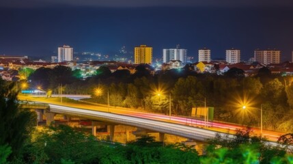 Obraz premium Night cityscape with highway and blurred light trails.