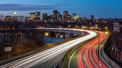 Obraz premium Night cityscape with highway light trails and river.
