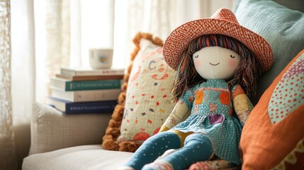 Handmade doll rests on couch among pillows and books.