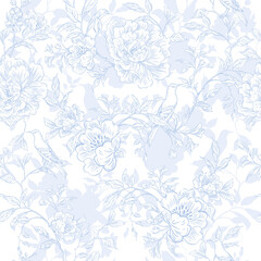 Graphic seamless pattern with flowers and birds. Illustration