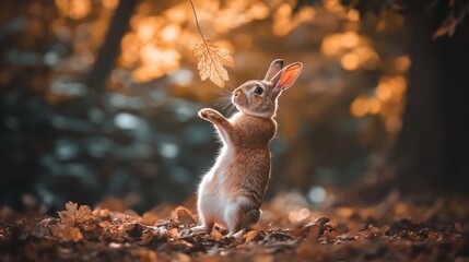 A curious rabbit reaching for a leaf in a serene autumn setting.