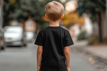 Young Boy Standing Alone on a Quiet Street, Looking Away in a Black T-Shirt, Natural Light Highlighting Urban Setting, Captured from Behind with an Out of Focus Background