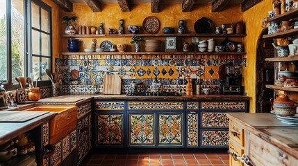 Fototapeta premium charming mexican kitchen with colorful talavera tiles