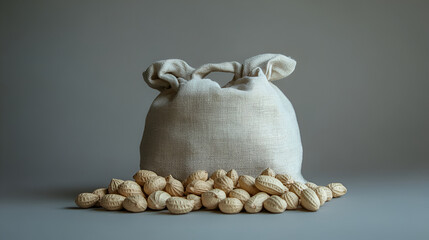 Fresh Peanuts in vintage bag isolated on white background, Peanuts nuts in a burlap bag on a wooden gray background, healthy dry material for body health
