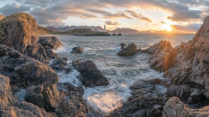 Ocean waves crash on rocky shore; lighthouse sunset.