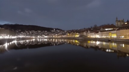 Fototapeta premium Night cityscape with river reflection, illuminated buildings, hills, and calm water.