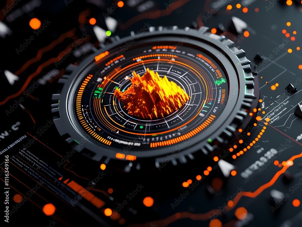Poster futuristic digital interface panel with glowing radars gauges and analytical data displays sci fi te