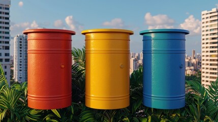 Colorful Trash Bins Against Urban Skyline with Greenery in Bright Daylight