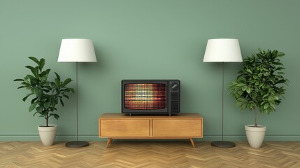 Retro Living Room with Vintage Television and Stylish Floor Lamps Against Green Wall