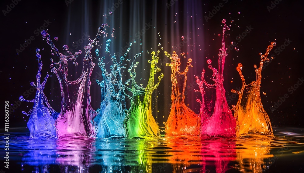 Poster Vibrant Splashing Water Droplets in Rainbow Colors Creating Stunning Visuals on Dark Background with Dramatic Lighting Effects for Creative Projects