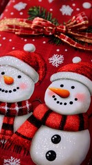 Fototapeta premium Two cheerful snowmen on a festive red Christmas fabric.