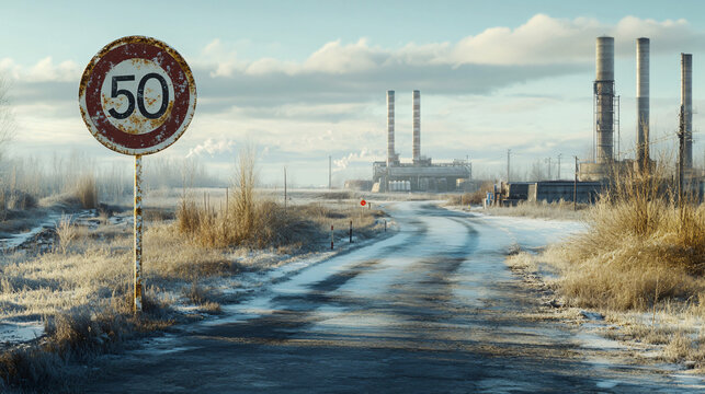 A road with a speed limit sign indicating 50 km/h in an industrial zone.