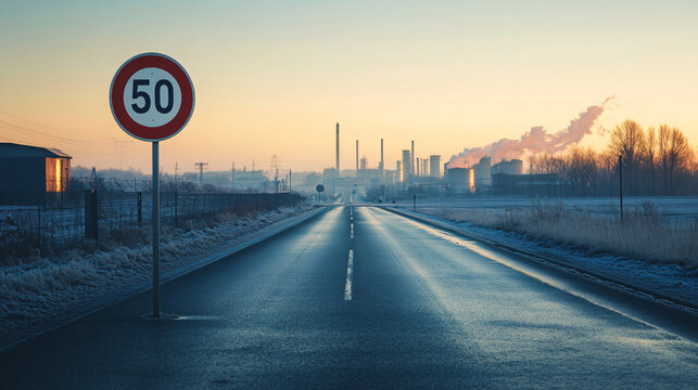 A road with a speed limit sign indicating 50 km/h in an industrial zone.