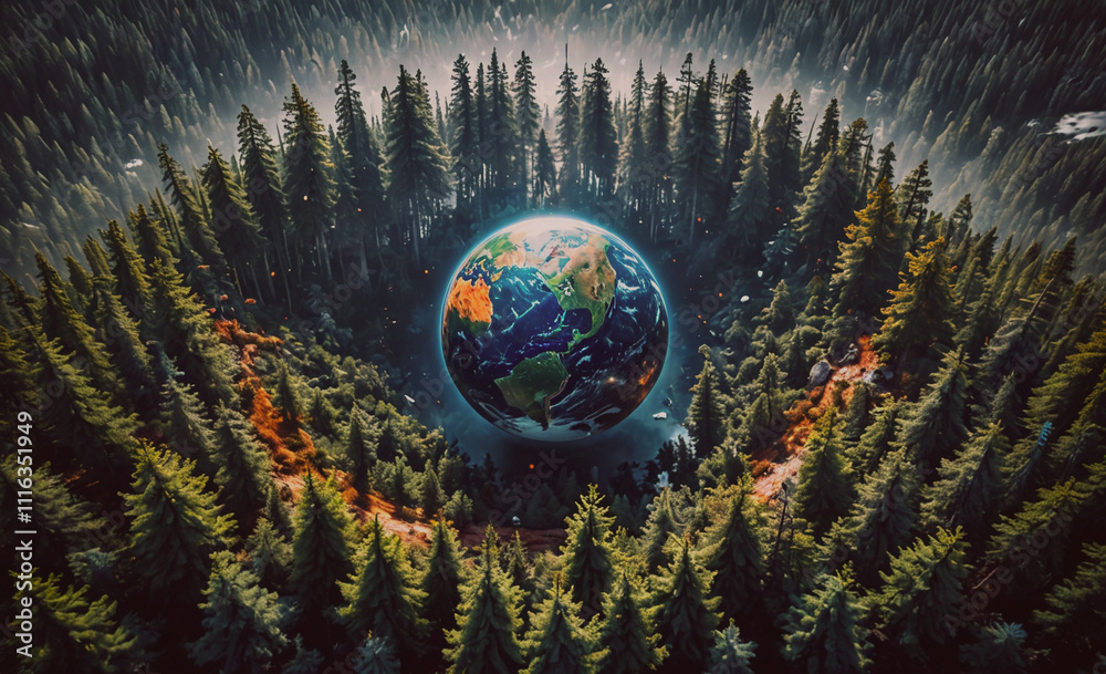 Poster large globe is surrounded by trees. the globe is in the center of the image. the trees are green and