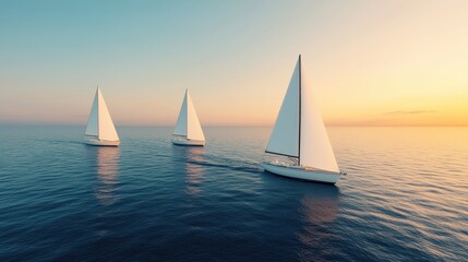 Fototapeta premium Tranquil Sunset over Calm Ocean with Three Sailing Boats in the Distance