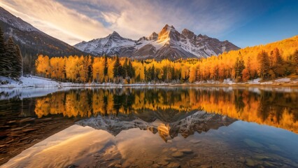 Serene Mountain Lake at Sunrise with Reflections and Autumn Foliage