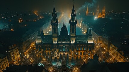 Night view of a grand illuminated church square with crowds.