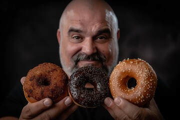 Smiling Baker Proudly Presents a Selection of Freshly Baked Donuts on Dark Background