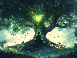  serene scene in a forest, with a person sitting under a large, illuminated tree. The forest is filled with glowing green leaves and lights