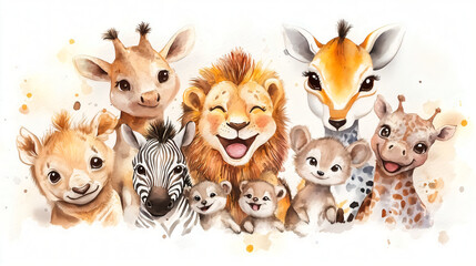 Fototapeta premium funny herd of african animals: kid-friendly animal friends smiling while posing for a photo; watercolor illustration; antelope, lion, zebra, hyena, meerkat, giraffe