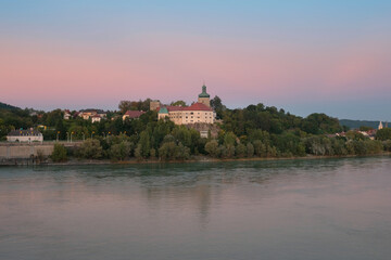 Evening view of an Austrian village on a Danube river bank. District of Melk, lower Austria