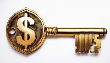 close up of a old golden key isolated on white background