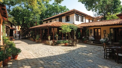 Fototapeta premium Cobblestone courtyard, charming old buildings, lush greenery.