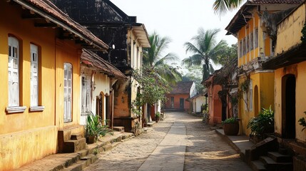 Fototapeta premium Sunlit stone street, aged yellow buildings, tropical foliage.
