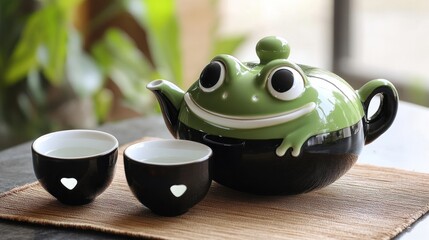 Cute frog teapot with two teacups on a mat.