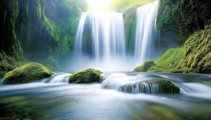 Majestic Waterfall Surrounded by Lush Greenery and Smooth Flowing Water, Capturing the Serenity and Beauty of Nature&rsquo;s Untamed Environment