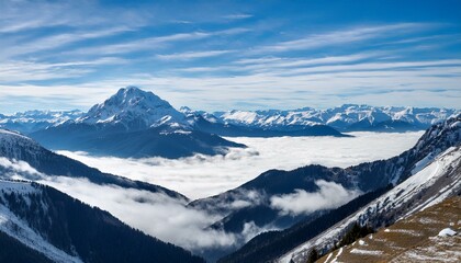 산꼭대기 풍경 눈으로 덮인 산봉우리와 그 아래로 펼쳐진 운해