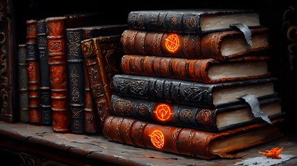 Fototapeta premium Discover the arcane treasures of an ancient wizards library filled with leather bound tomes glowing runes and mystical sigils adorning the aged pages intricate carvings and brass fittings