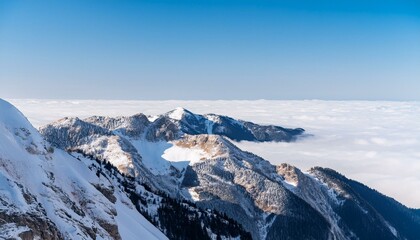 산꼭대기 풍경 눈으로 덮인 산봉우리와 그 아래로 펼쳐진 운해