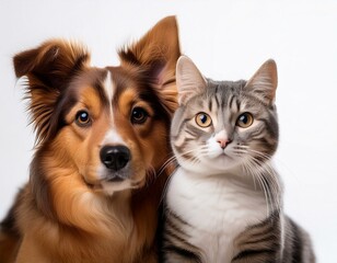 Cute and friendly dog and cat, isolated on a white background, ideal for pet adoption and animal care content