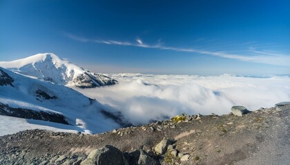 산꼭대기 풍경 눈으로 덮인 산봉우리와 그 아래로 펼쳐진 운해