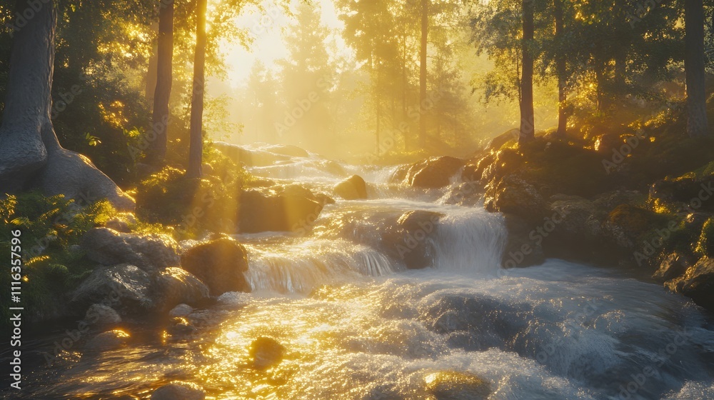 Aufkleber serene morning light streaming through trees over gentle stream, creating a dreamlike atmosphere in 