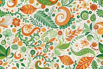 Naklejka premium Abstract Seamless Doodle Pattern - Green Orange White Documentary Photography