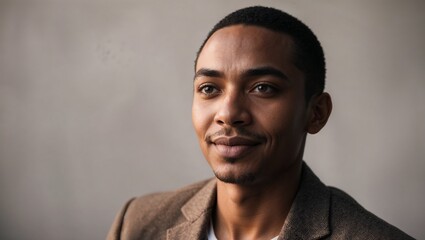Fototapeta premium Confident young man with a subtle smile and thoughtful expression against a neutral background