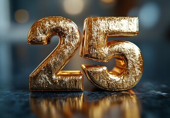 Golden Number 25 Set Against a Sleek Black Surface.