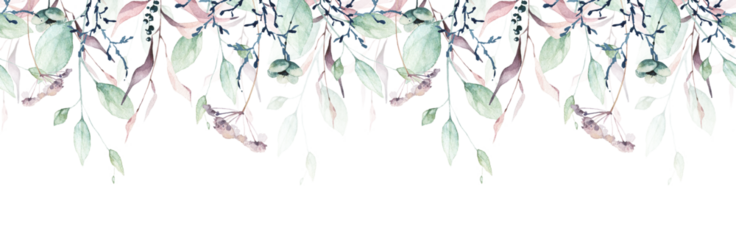 Watercolor painted floral seamless border frame. Turquoise green leaves, pink wild flowers, dark blue moss branches, twigs. Hand drawn illustration template. Watercolour artistic template design.